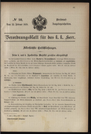 Kaiserlich-königliches Armee-Verordnungsblatt: Personal-Angelegenheiten 18780222 Seite: 1