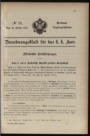 Kaiserlich-königliches Armee-Verordnungsblatt: Personal-Angelegenheiten 18780226 Seite: 1