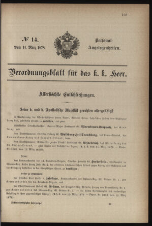 Kaiserlich-königliches Armee-Verordnungsblatt: Personal-Angelegenheiten 18780314 Seite: 1