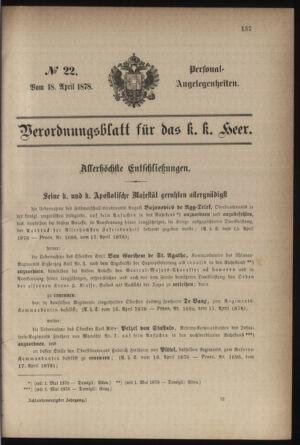 Kaiserlich-königliches Armee-Verordnungsblatt: Personal-Angelegenheiten 18780418 Seite: 1