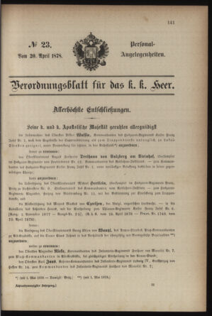 Kaiserlich-königliches Armee-Verordnungsblatt: Personal-Angelegenheiten 18780420 Seite: 1