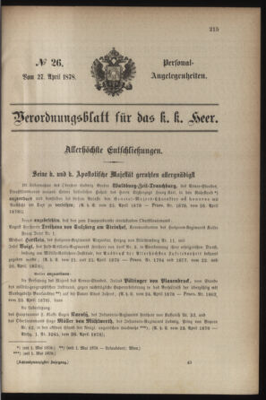 Kaiserlich-königliches Armee-Verordnungsblatt: Personal-Angelegenheiten 18780427 Seite: 1