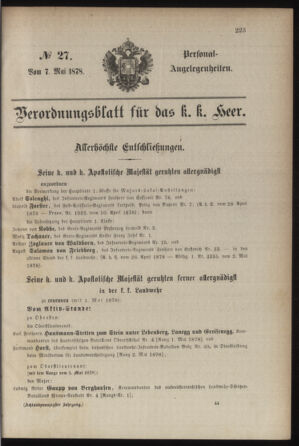 Kaiserlich-königliches Armee-Verordnungsblatt: Personal-Angelegenheiten 18780507 Seite: 1