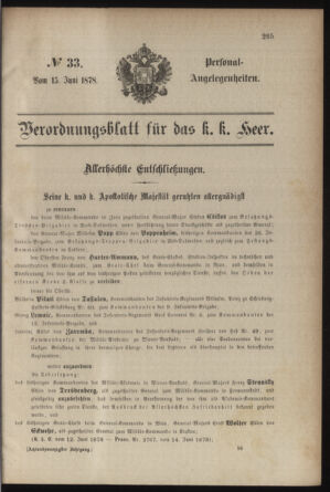 Kaiserlich-königliches Armee-Verordnungsblatt: Personal-Angelegenheiten 18780615 Seite: 1