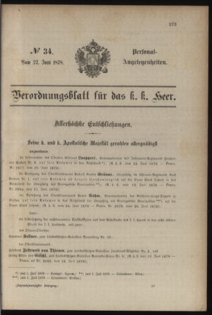 Kaiserlich-königliches Armee-Verordnungsblatt: Personal-Angelegenheiten 18780627 Seite: 1