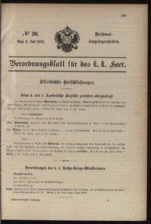 Kaiserlich-königliches Armee-Verordnungsblatt: Personal-Angelegenheiten 18780706 Seite: 1