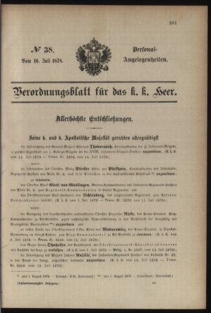 Kaiserlich-königliches Armee-Verordnungsblatt: Personal-Angelegenheiten 18780716 Seite: 1