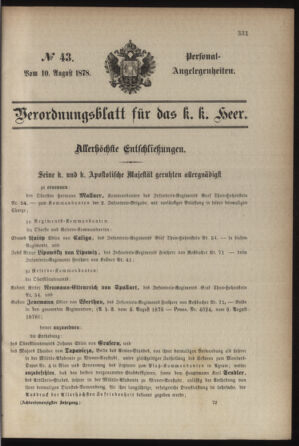 Kaiserlich-königliches Armee-Verordnungsblatt: Personal-Angelegenheiten 18780810 Seite: 1