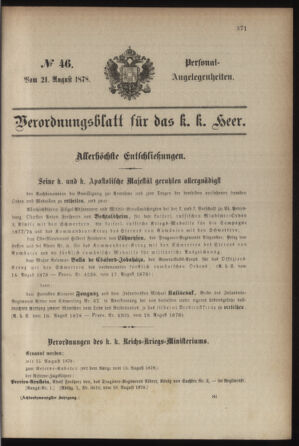 Kaiserlich-königliches Armee-Verordnungsblatt: Personal-Angelegenheiten 18780821 Seite: 1