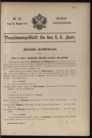 Kaiserlich-königliches Armee-Verordnungsblatt: Personal-Angelegenheiten 18780822 Seite: 1