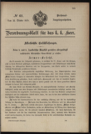 Kaiserlich-königliches Armee-Verordnungsblatt: Personal-Angelegenheiten 18781022 Seite: 1