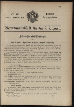 Kaiserlich-königliches Armee-Verordnungsblatt: Personal-Angelegenheiten 18781127 Seite: 1