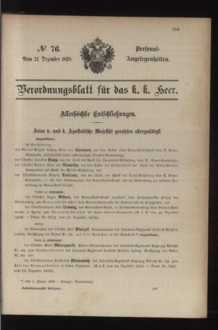 Kaiserlich-königliches Armee-Verordnungsblatt: Personal-Angelegenheiten 18781221 Seite: 1