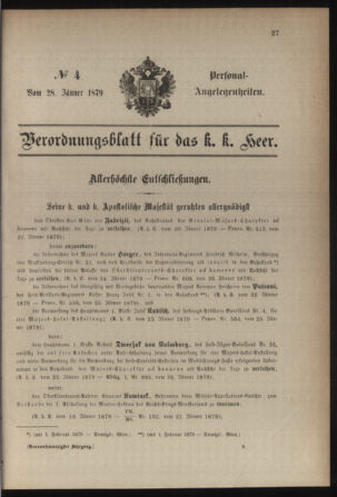 Kaiserlich-königliches Armee-Verordnungsblatt: Personal-Angelegenheiten 18790128 Seite: 1