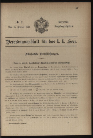 Kaiserlich-königliches Armee-Verordnungsblatt: Personal-Angelegenheiten 18790215 Seite: 1