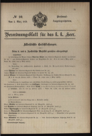 Kaiserlich-königliches Armee-Verordnungsblatt: Personal-Angelegenheiten 18790305 Seite: 1