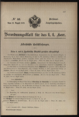 Kaiserlich-königliches Armee-Verordnungsblatt: Personal-Angelegenheiten 18790829 Seite: 1