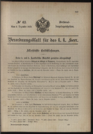 Kaiserlich-königliches Armee-Verordnungsblatt: Personal-Angelegenheiten 18791206 Seite: 1