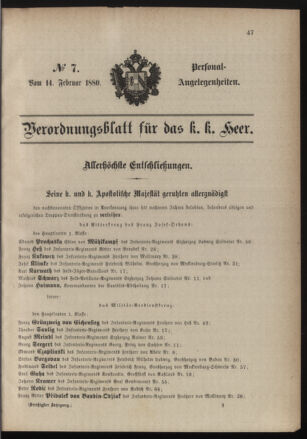 Kaiserlich-königliches Armee-Verordnungsblatt: Personal-Angelegenheiten 18800214 Seite: 1