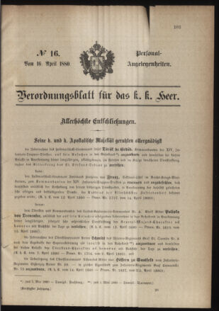 Kaiserlich-königliches Armee-Verordnungsblatt: Personal-Angelegenheiten 18800416 Seite: 1