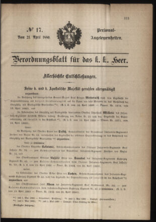 Kaiserlich-königliches Armee-Verordnungsblatt: Personal-Angelegenheiten 18800421 Seite: 1