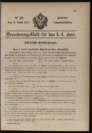 Kaiserlich-königliches Armee-Verordnungsblatt: Personal-Angelegenheiten 18800815 Seite: 1