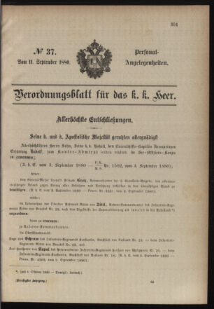 Kaiserlich-königliches Armee-Verordnungsblatt: Personal-Angelegenheiten 18800911 Seite: 1