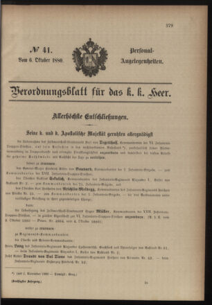 Kaiserlich-königliches Armee-Verordnungsblatt: Personal-Angelegenheiten 18801006 Seite: 1