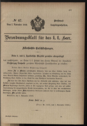 Kaiserlich-königliches Armee-Verordnungsblatt: Personal-Angelegenheiten 18801107 Seite: 1