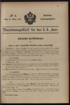 Kaiserlich-königliches Armee-Verordnungsblatt: Personal-Angelegenheiten 18810129 Seite: 1