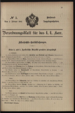 Kaiserlich-königliches Armee-Verordnungsblatt: Personal-Angelegenheiten 18810205 Seite: 1