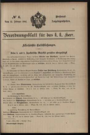 Kaiserlich-königliches Armee-Verordnungsblatt: Personal-Angelegenheiten 18810213 Seite: 1