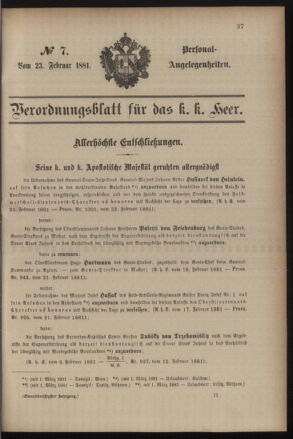 Kaiserlich-königliches Armee-Verordnungsblatt: Personal-Angelegenheiten 18810223 Seite: 1