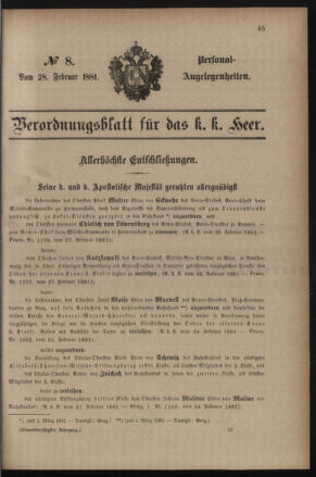 Kaiserlich-königliches Armee-Verordnungsblatt: Personal-Angelegenheiten 18810228 Seite: 1