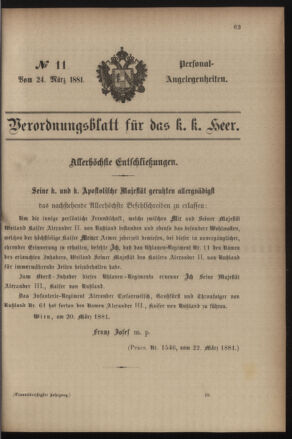 Kaiserlich-königliches Armee-Verordnungsblatt: Personal-Angelegenheiten 18810324 Seite: 1