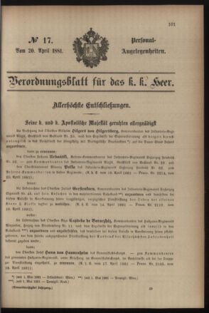 Kaiserlich-königliches Armee-Verordnungsblatt: Personal-Angelegenheiten 18810420 Seite: 1