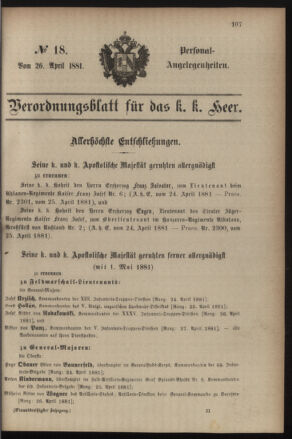 Kaiserlich-königliches Armee-Verordnungsblatt: Personal-Angelegenheiten 18810426 Seite: 1