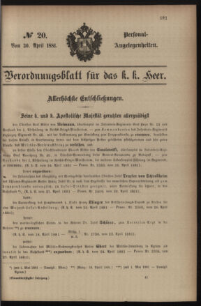 Kaiserlich-königliches Armee-Verordnungsblatt: Personal-Angelegenheiten 18810430 Seite: 1