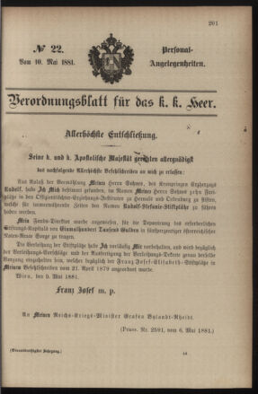 Kaiserlich-königliches Armee-Verordnungsblatt: Personal-Angelegenheiten 18810510 Seite: 1