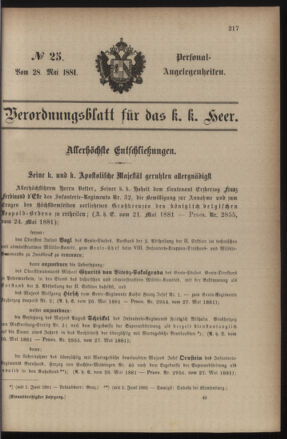 Kaiserlich-königliches Armee-Verordnungsblatt: Personal-Angelegenheiten 18810528 Seite: 1