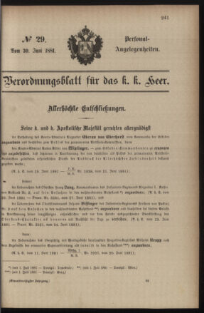 Kaiserlich-königliches Armee-Verordnungsblatt: Personal-Angelegenheiten 18810630 Seite: 1