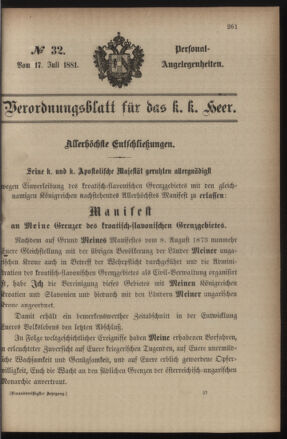 Kaiserlich-königliches Armee-Verordnungsblatt: Personal-Angelegenheiten 18810717 Seite: 1