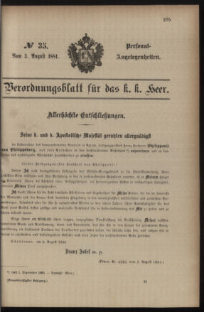 Kaiserlich-königliches Armee-Verordnungsblatt: Personal-Angelegenheiten 18810803 Seite: 1