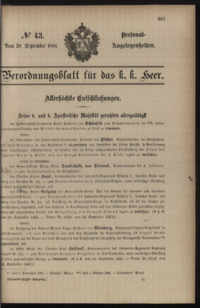 Kaiserlich-königliches Armee-Verordnungsblatt: Personal-Angelegenheiten 18810930 Seite: 1