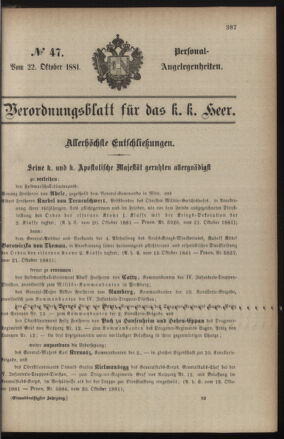 Kaiserlich-königliches Armee-Verordnungsblatt: Personal-Angelegenheiten 18811022 Seite: 1