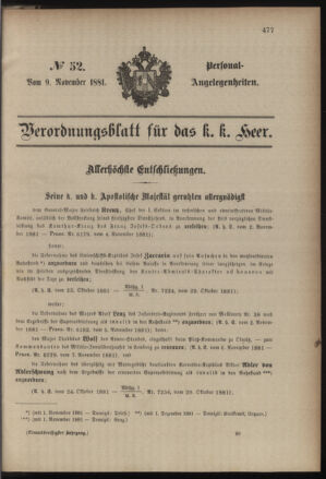 Kaiserlich-königliches Armee-Verordnungsblatt: Personal-Angelegenheiten 18811109 Seite: 1