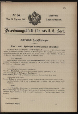 Kaiserlich-königliches Armee-Verordnungsblatt: Personal-Angelegenheiten 18811223 Seite: 1