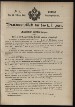 Kaiserlich-königliches Armee-Verordnungsblatt: Personal-Angelegenheiten 18820222 Seite: 1