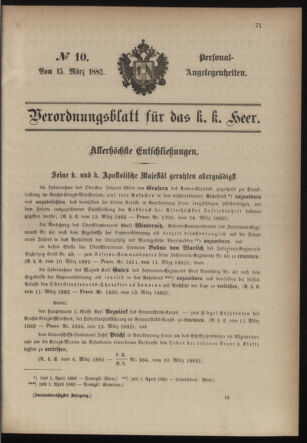 Kaiserlich-königliches Armee-Verordnungsblatt: Personal-Angelegenheiten 18820315 Seite: 1