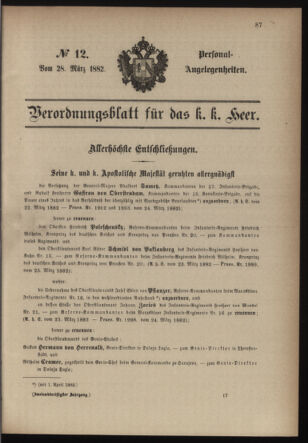 Kaiserlich-königliches Armee-Verordnungsblatt: Personal-Angelegenheiten 18820328 Seite: 1